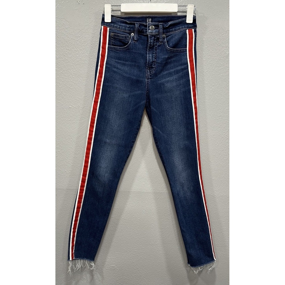 GAP Denim True Skinny Women's Size 2/26 Mid Rise Stretch Red Stripe Blue Jeans